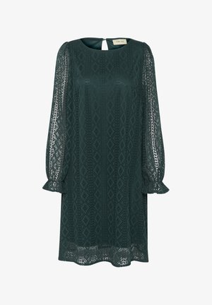 Zelené šaty s textúrovaným diamantovým vzorom, okrúhlym výstrihom, dlhými vyp puffovanými rukávmi s volánovými manžetami a spätným uzatváraním s kľúčovou dierkou.