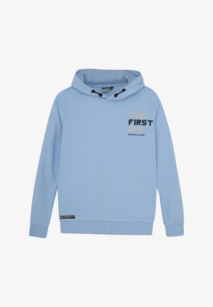 Blaues Sweatshirt aus Baumwollmischung, mit einer vorderen Tasche, Kapuze mit Kordelzug und bedrucktem Textdesign auf der Brust. Weiche Textur.
