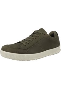 Groene leren sneaker met vetersluiting, textured zijpanelen en een rubberen zool met een horizontaal ribpatroon.