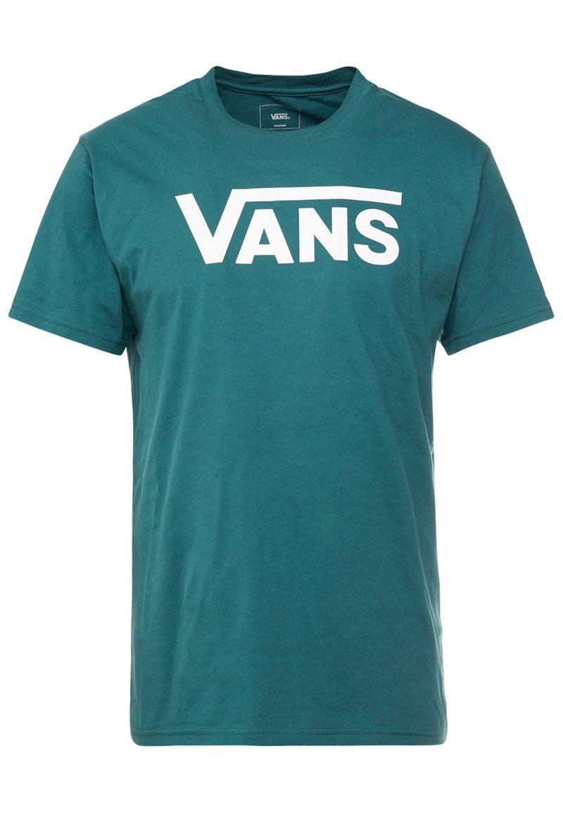 Turkos t-shirt i bomull med en stor vit "VANS"-logotyp över bröstet, korta ärmar och en klassisk rund halsringning.