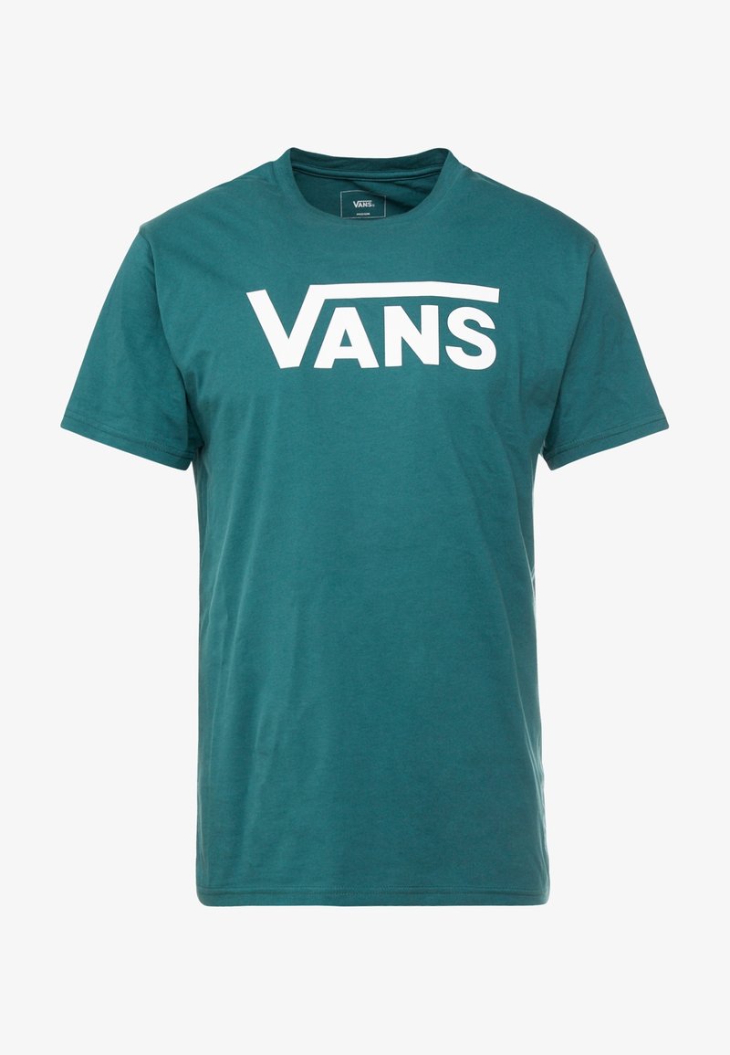 T-shirt en coton turquoise avec un grand logo "VANS" blanc sur le poitrine, manches courtes et col rond classique.