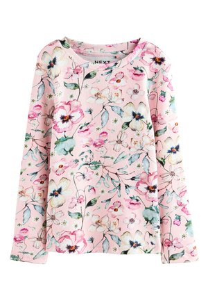 Maglietta rosa a maniche lunghe a coste con stampa floreale multicolore con fiori grandi e piccoli e foglie verdi.