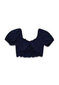 Top corto azul marino con mangas abullonadas, que presenta una tela texturizada, un escote cuadrado y detalles fruncidos en la parte delantera.