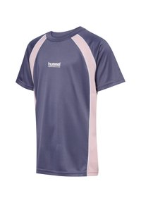 T-shirt de sport à manches courtes bleu marine avec des panneaux latéraux rose clair, en tissu respirant. Présente un logo au centre avant.