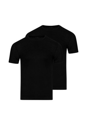 Zwei schlichte, schwarze T-Shirts mit kurzen Ärmeln und Rundhalsausschnitt, frontseitig dargestellt, eines leicht hinter dem anderen, auf weißem Hintergrund.