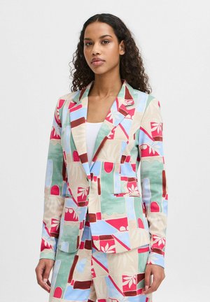 Colorful patterned blazer featuring geometric shapes in red, blue, and green. Made from a lightweight fabric with a tailored fit and notched lapels.