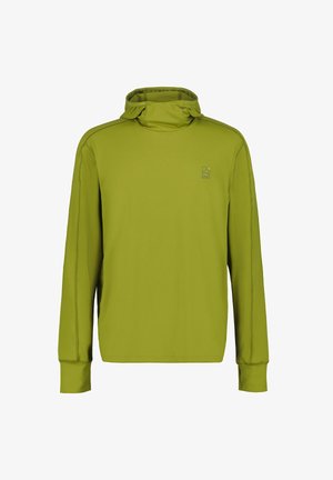 Pullover verde oliva a maniche lunghe con collo alto e piccolo logo sul petto sinistro, progettato per l'uso all'aperto o casual.