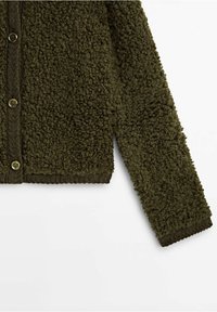 Olivengroene fleece cardigan met een getextureerd, pluizig oppervlak, knoppen in goudkleur en ribgebreide accenten aan de manchetten en zoom.