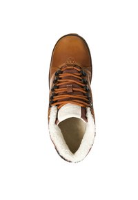 Brown leather boot with textured surface, contrasting orange laces, and white fleece lining. Round toe and sturdy construction.