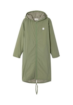 Green lightweight jacket with a hood, full zipper, and long sleeves. Features a drawstring hem and subtle texture. Small logo on chest.