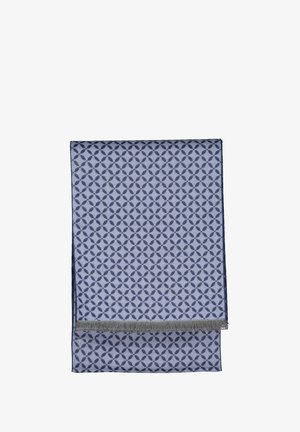 Blauwe sjaal met een geometrisch patroon, gemaakt van zacht materiaal, met franjes langs de rand. Heeft donkere en lichte blauwtinten.