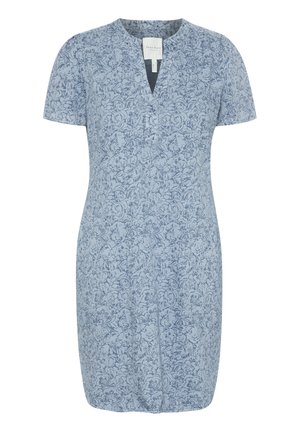 Blue floral print dress with short sleeves, a V-neckline, and a relaxed fit. Made from lightweight fabric with a textured pattern.