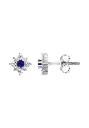 Silberne Ohrstecker mit einem zentralen runden blauen Edelstein, umgeben von sechs kleinen klaren Steinen in einem floralen Muster.