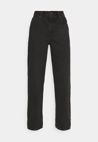Jeans negros de cintura alta hechos de mezclilla, con un diseño de pierna recta, cinco bolsillos y un cierre de botón en la cintura.