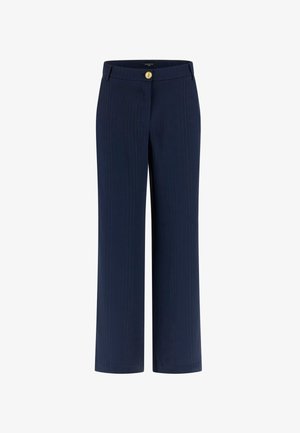 Marineblaue Hosen mit weitem Bein, feinen Nadelstreifen, einem goldenen Knopfverschluss und Gürtelschlaufen am Bund.