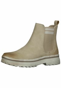 Beige waterproof ankle boots with elastic side panels, textured upper, and white rubber sole featuring a patterned tread for traction.