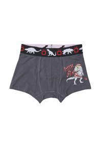 Calzoncillos de algodón grises estilo tronco con un gráfico de dinosaurio y el texto "Rock Star", con una cinturilla negra que muestra siluetas de animales divertidas.