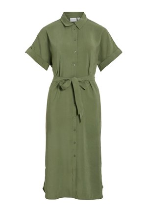 Olivgrünes Midi-Hemdkleid mit kurzen Ärmeln, Kragen, vorderen Knöpfen, umgeschlagenen Manschetten und einem gebundenen Taillengürtel.