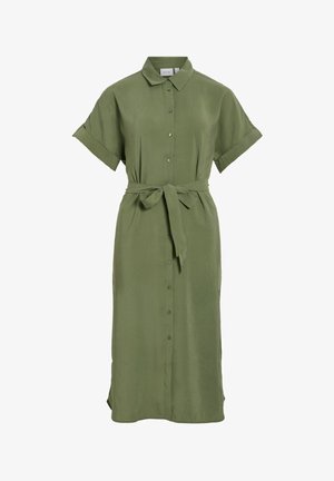 Olivgrünes Midi-Hemdkleid mit kurzen Ärmeln, Kragen, vorderen Knöpfen, umgeschlagenen Manschetten und einem gebundenen Taillengürtel.