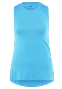 Light blue sleeveless athletic tank top. Made of smooth fabric with a round neckline and side slits. Features subtle branding at the hem.