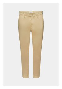 Chinos in cotone beige con taglio slim, dotati di chiusura con bottone, passanti per cintura e una texture liscia. Senza motivi o dettagli visibili.