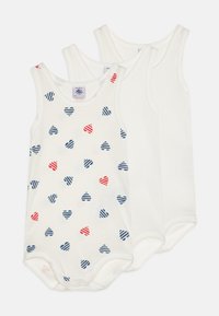 Trii bez rukava bodysuit-a od pamuka: jedan bijeli s crvenim i tamnoplavim prugastim srcima, dva obična bijela. Okrugli izrez i kopčanje na dnu.