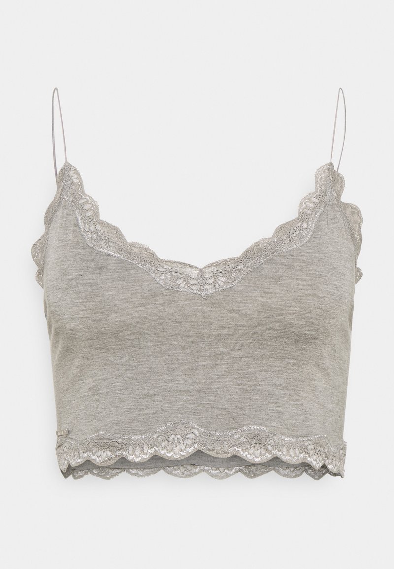 Camisola cinza recortada com delicada renda nas bordas do decote e na parte inferior. Alças de espaguete ajustáveis, textura de tecido suave.