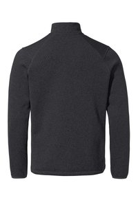 Veste en polaire grise avec un col haut, des manches longues et un tissu texturé. Elle possède des manches raglan et un ourlet droit en bas.