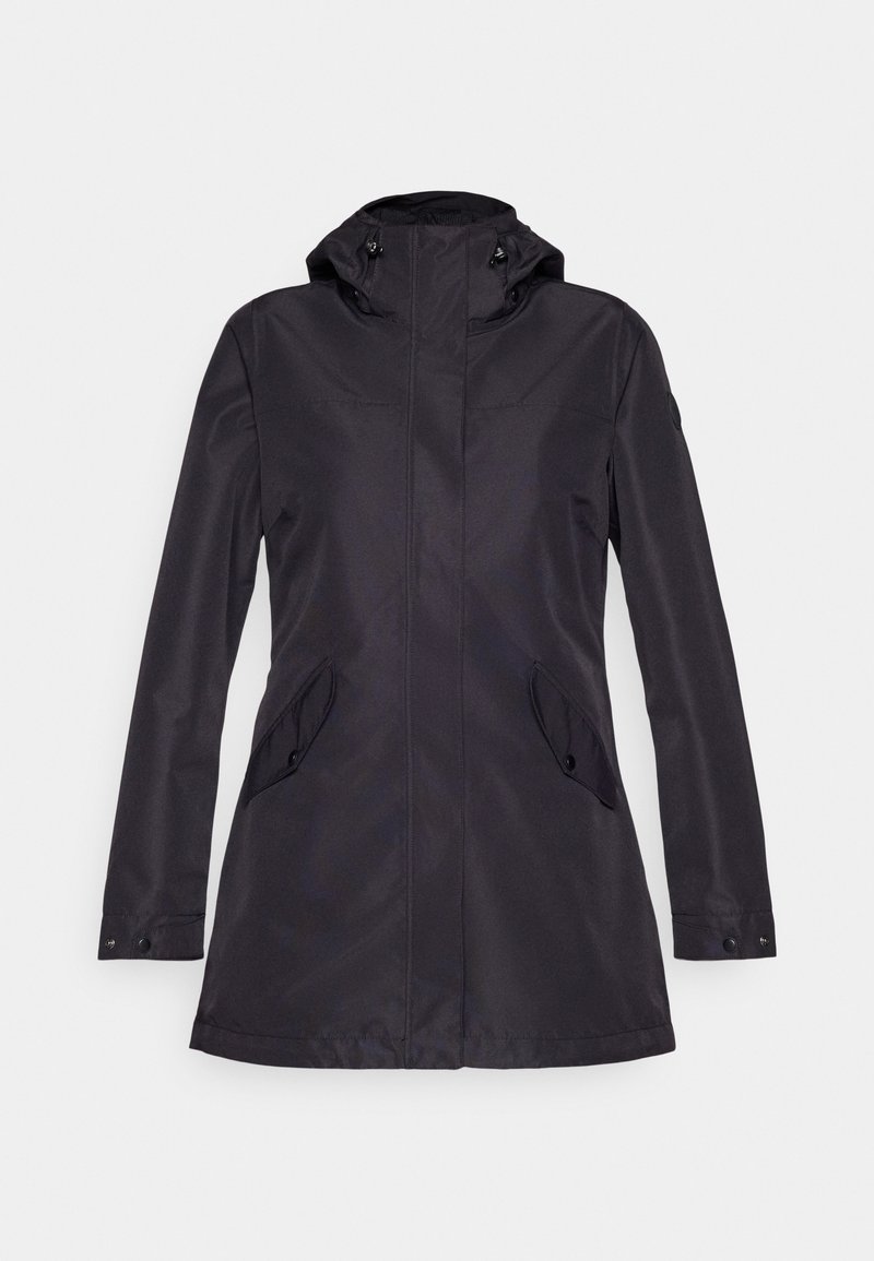 Czarna wodoodporna kurtka z kapturem, z zamkiem z przodu, dwoma bocznymi kieszeniami i regulowanymi mankietami. Gładka tekstura i nowoczesny design.