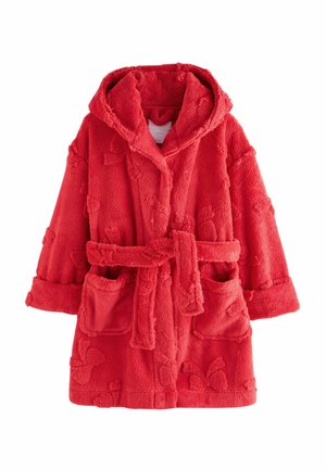 Rote Kapuzenbademantel aus weichem, strukturiertem Stoff, mit floralem Muster und zwei vorderen Taschen, gesichert mit einem passenden Gürtel.