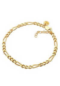 Guldkedjearmband med länkade ovala och runda former, med en karbinhake och förlängningskedja för justerbar längd.