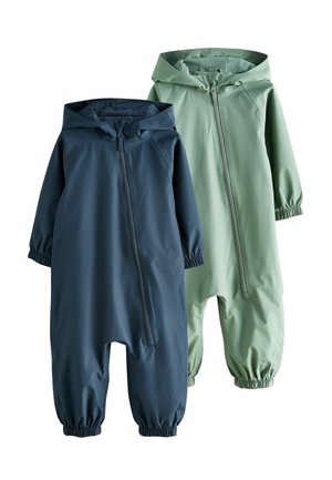 Két kapucnis esőruha kétgyerekes méretben, átlós elülső cipzárral, elasztikus mandzsettákkal és bokarészekkel, tengerészkék és világoszöld színekben.