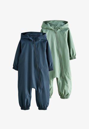 Două combinezoane de ploaie cu glugă pentru copii mici, cu fermoare diagonale în față, manșete elastice la mâini și glezne, în culorile bleumarin și verde deschis.