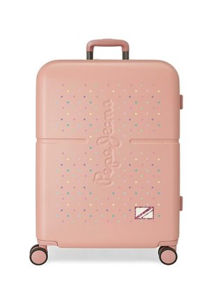 Maleta rígida rosa con patrón de estrellas multicolor, cuatro ruedas y logo en relieve de "Pepe Jeans" en la parte frontal.