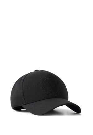 Black baseball cap with curved brim and embossed circular logo on front, displayed on white background angled to the right.