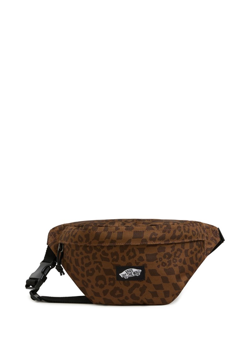 Brown fabric fanny pack featuring a leopard print and checkerboard pattern. Zipper closure, adjustable strap, and logo patch on front.