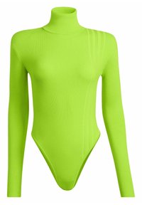 Långärmad bodysuit i livfull limegrön ribbad tyg. Har hög hals och eleganta linjer längs ena sidan. Lättviktig och figurnära design.