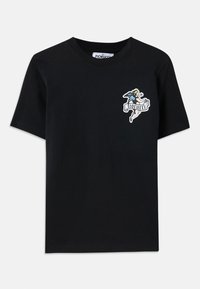 Schwarzes Baumwoll-T-Shirt mit Rundhalsausschnitt, kurzen Ärmeln, das ein buntes Grafikdesign auf der linken Brust mit dem Schriftzug "Fiorucci" zeigt.