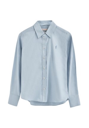 Lyseblå langærmet skjorte med knapper, spids krave og lille broderet polo-spiller-logo på brystet.