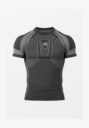 Zwart compressieshirt voor heren met grijs patroon op de panelen en een klein gorillalogo op de borst.