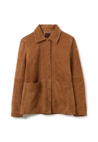 Giacca in suede marrone con colletto a camicia, sei bottoni frontali e due grandi tasche posteriori. Tessuto morbido e design a vestibilità rilassata.