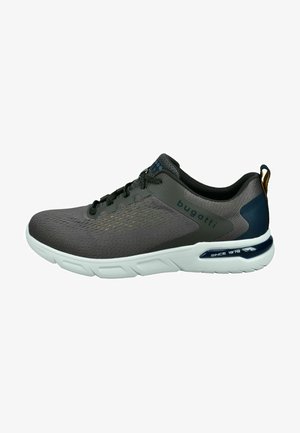 Gray athletic shoe with a breathable mesh upper, white midsole, black accents, and small gold detailing on the side.
