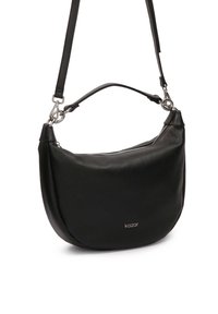 Borsa a tracolla in pelle nera con forma arrotondata, dotata di una sola tracolla, hardware in argento e chiusura con cerniera.