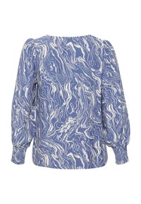 Blusa blu con motivo marmorizzato bianco, caratterizzata da maniche a sbuffo e polsini elasticizzati, realizzata in un tessuto leggero. Mostrata vista dal retro.