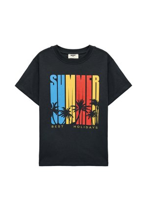 Czarny T-shirt z krótkim rękawem z kolorowym tekstem "SUMMER" i sylwetkami palm oraz z napisem "BEST HOLIDAYS" pod wzorem.
