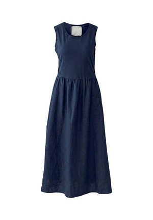 Ärmelloses midi-kleid in Marineblau mit rundem Ausschnitt und geraffter Taille, aus leichtem Stoff gefertigt.