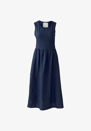 Ärmelloses midi-kleid in Marineblau mit rundem Ausschnitt und geraffter Taille, aus leichtem Stoff gefertigt.