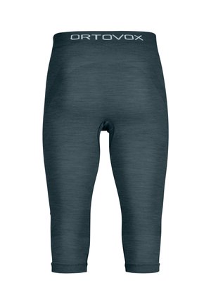 Dark grey capri leggings made of a textured material, featuring a high waistband with "ORTOVOX" logo at the top.