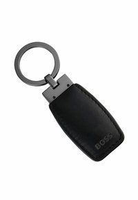 Black leather keychain with a rectangular fob, featuring a metallic attachment and embossed logo. Smooth texture and minimalistic design.