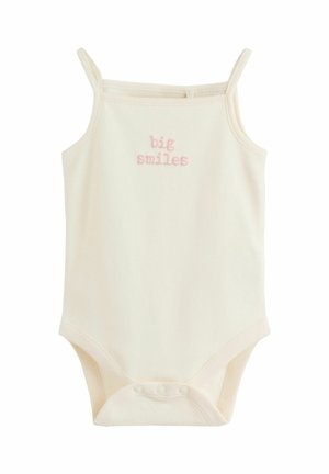 Krämfärgad bodysuit med spaghetti band, med "stora leenden" i rosa broderi. Mjukt tyg och tryckknappstängning i botten.